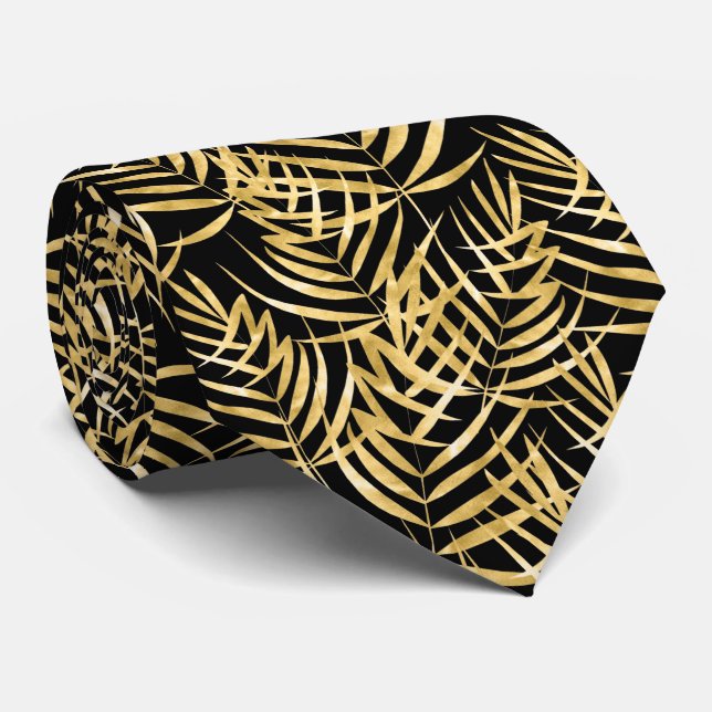 Gold Palm Tree Fronts Tropical Black Stropdas (Opgerold)
