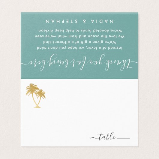 Gold Palm Tree Place Card met Beach Donatie-gedich Visitekaartje (Buitenkant ongevouwen)