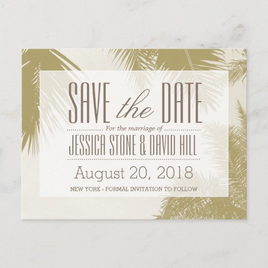 Gold Palm Tree Tropical Wedding Save the Date Aankondigingskaart (Voorkant)