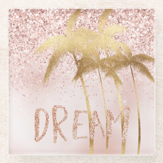 Gold Palm Trees Pink Ombre Glitter Dream Glazen Onderzetter (Voorkant)