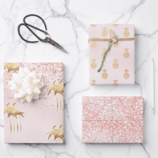 Gold Palm Trees Pink Ombre Glitter Inpakpapier Vel (Voorkant)