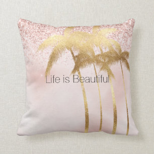 Gold Palm Trees Pink Ombre Glitter Kussen