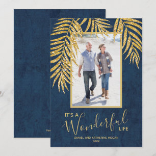 Gold Palms op Blauwe Kerstfoto Feestdagenkaart