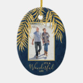 Gold Palms op Denim Holiday kerstfoto Oval Keramisch Ornament (Voorkant)
