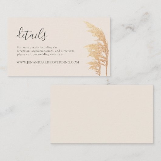 Gold Pampas Boho Rustic Glam Wedding Details Informatiekaartje (Voorkant / Achterkant)