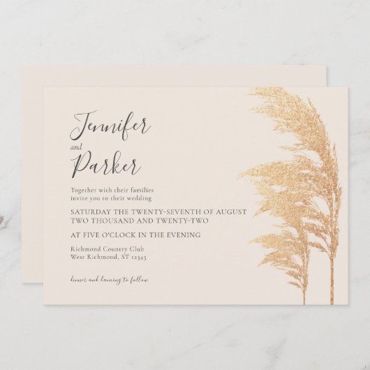 Gold Pampas Boho Rustic Woodsy Wedding Invitation Kaart (Voorkant / Achterkant)