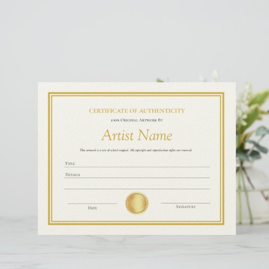 Gold Paper Certificate of Authenticity-Sjabloon Briefhoofd (Staand voorkant)