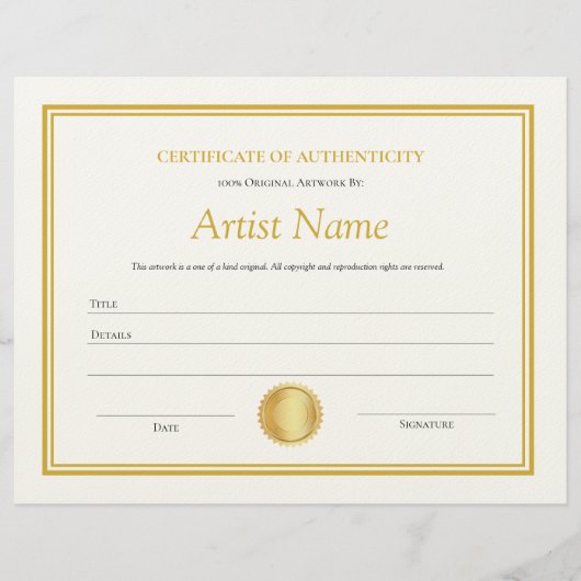 Gold Paper Certificate of Authenticity-Sjabloon Briefhoofd (Voorkant)