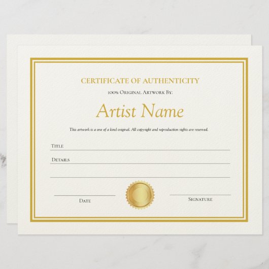 Gold Paper Certificate of Authenticity-Sjabloon Briefhoofd (Voorkant / Achterkant)