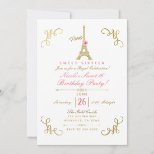 Gold Paris Eiffel Tower Pink Rose Sweet 16 Party Kaart
