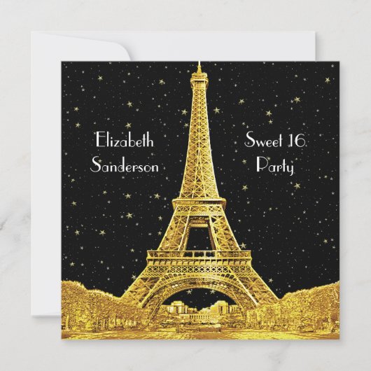 Gold Paris France Skyline #2 Bk Starry Sweet 16 SQ Kaart (Voorkant)