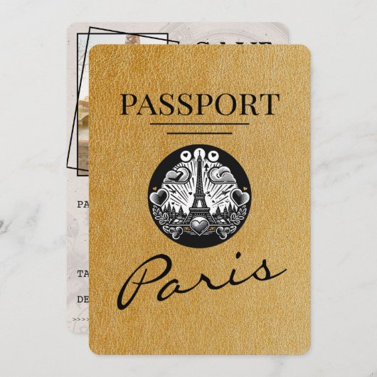 Gold Paris Passport Bewaar de datum Save The Date (Voorkant / Achterkant)