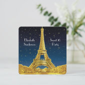 Gold Paris Skyline #2 Blue Starry Sweet 16 SQ Kaart (Staand voorkant)
