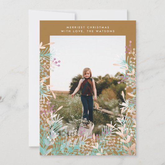 Gold Pastel Berries kerstfeestdag fotokaart Feestdagenkaart (Voorkant)