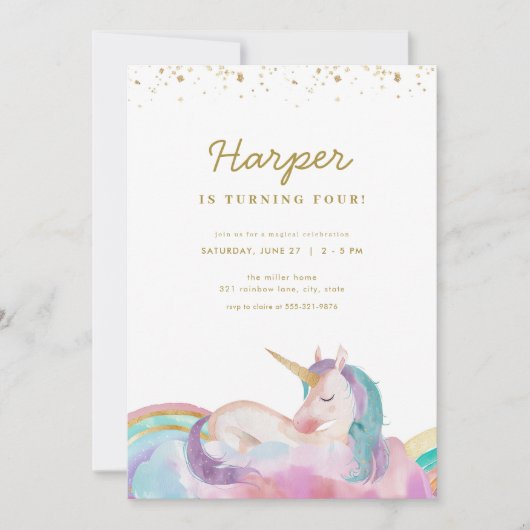 Gold Pastel Magical Unicorn Verjaardag Uitnodiging (Voorkant)