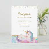 Gold Pastel Magical Unicorn Verjaardag Uitnodiging (Staand voorkant)