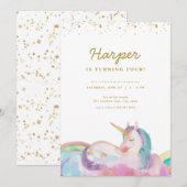 Gold Pastel Magical Unicorn Verjaardag Uitnodiging (Voorkant / Achterkant)