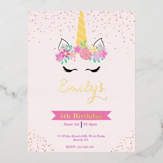 Gold Pastel Modern Unicorn Birthday Folie Uitnodiging Briefkaart (Voorkant)