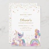 Gold Pastel Rainbow Unicorn Verjaardag Uitnodiging (Voorkant / Achterkant)
