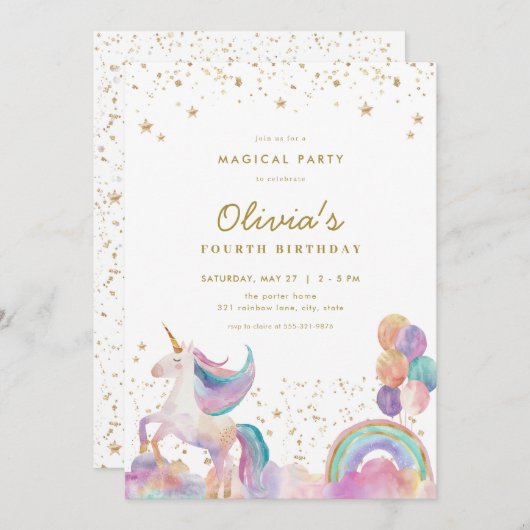 Gold Pastel Rainbow Unicorn Verjaardag Uitnodiging (Voorkant / Achterkant)