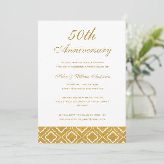 Gold Pattern 50th Wedding Jubileum Invitation Kaart (Staand voorkant)