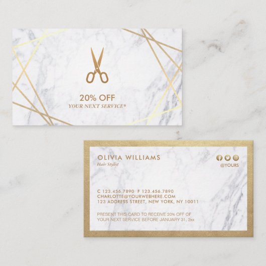 Gold Pattern Scissors Marble Haarstylist Discount Visitekaartje (Voorkant / Achterkant)