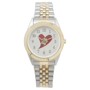 Gold Paw Print Red Heart Dog Cat Lover Pet Horloge