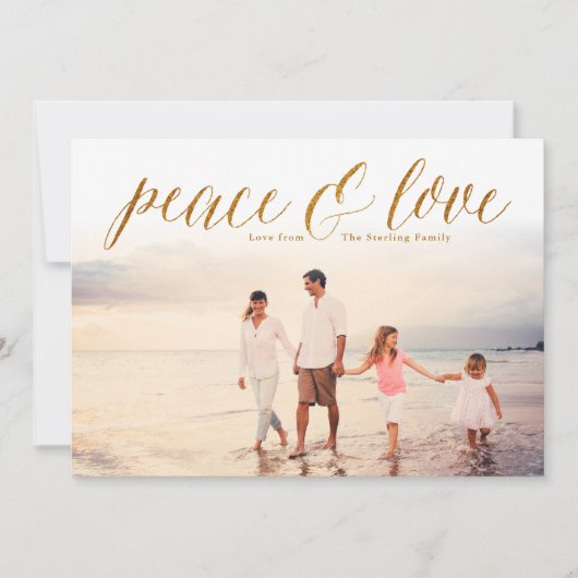 Gold Peace & Love Glitter-fotokaart Feestdagenkaart (Voorkant)