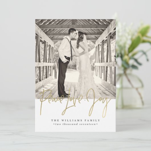 Gold Peace Love Joy-kerstkaarten Feestdagenkaart (Staand voorkant)