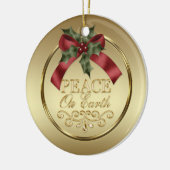 Gold Peace on Earth Red Green Ribbon Holly Berries Keramisch Ornament (Links)