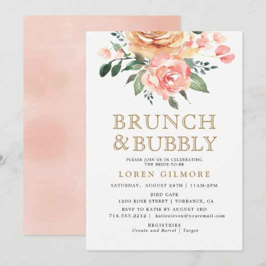 Gold Peach Bloemen Bruids Brunch Douche Kaart (Voorkant / Achterkant)