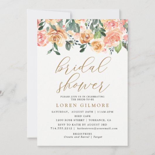 Gold Peach Bloemen Bruids Douche Uitnodiging (Voorkant)