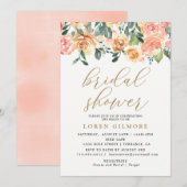 Gold Peach Bloemen Bruids Douche Uitnodiging (Voorkant / Achterkant)