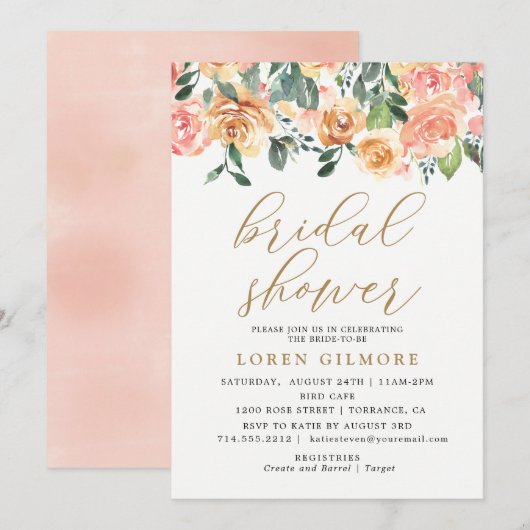 Gold Peach Bloemen Bruids Douche Uitnodiging (Voorkant / Achterkant)