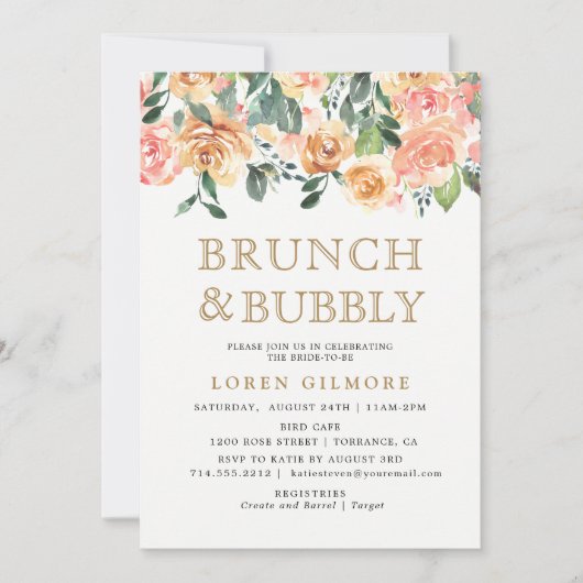 Gold Peach Bloemenbrunch en bubbelige douche Kaart (Voorkant)