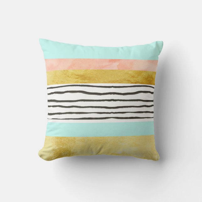 Gold Peach Blue Stripes Waterverf Pillow Kussen (Voorkant)