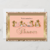 Gold & Peach Damask met Teddyberen | Baby Shower Kaart (Voorkant)