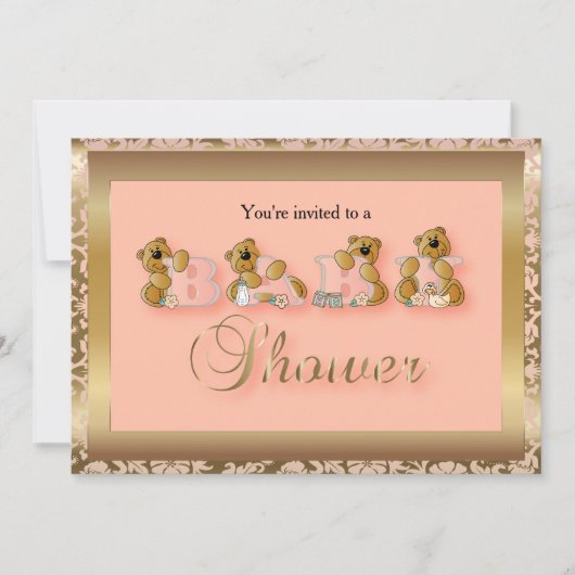 Gold & Peach Damask met Teddyberen | Baby Shower Kaart (Voorkant)