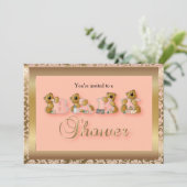 Gold & Peach Damask met Teddyberen | Baby Shower Kaart (Staand voorkant)