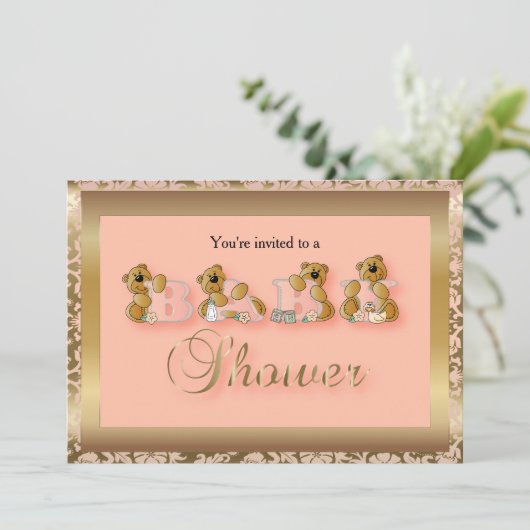 Gold & Peach Damask met Teddyberen | Baby Shower Kaart (Staand voorkant)
