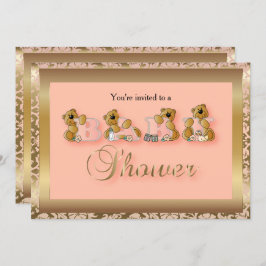 Gold & Peach Damask met Teddyberen | Baby Shower Kaart