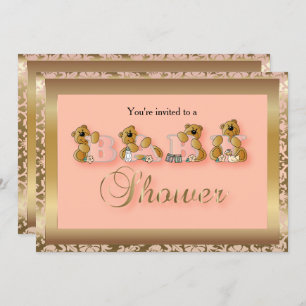 Gold & Peach Damask met Teddyberen   Baby Shower Kaart