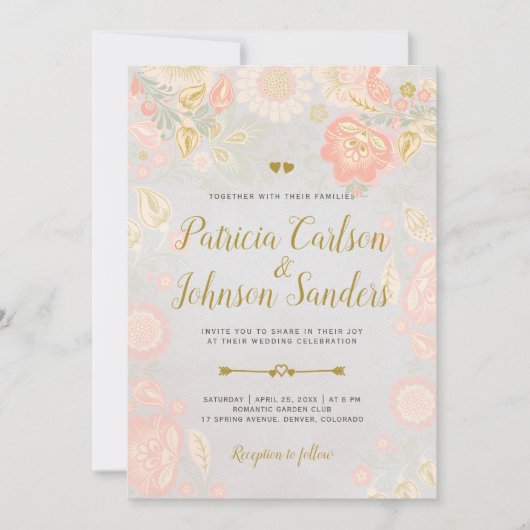 Gold Peach en Blush Spring Blooms Wedding Grey Kaart (Voorkant)