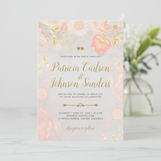 Gold Peach en Blush Spring Blooms Wedding Grey Kaart (Staand voorkant)