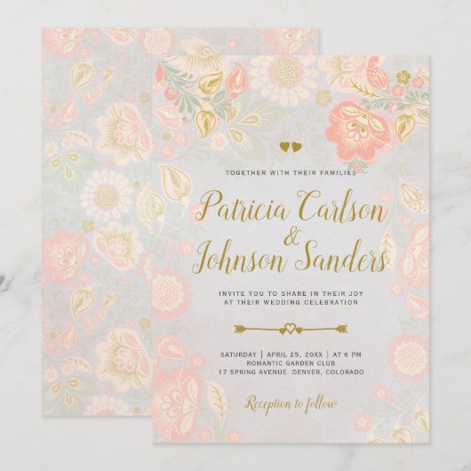 Gold Peach en Blush Spring Blooms Wedding Grey Kaart (Voorkant / Achterkant)