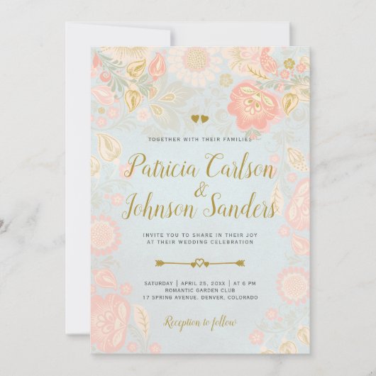 Gold Peach en Blush Spring Blooms Wedding Kaart (Voorkant)