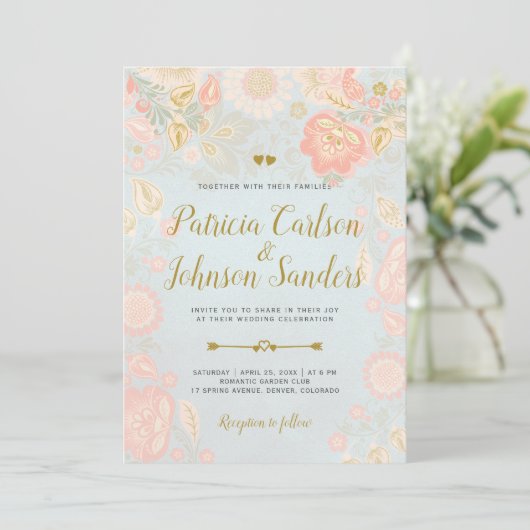 Gold Peach en Blush Spring Blooms Wedding Kaart (Staand voorkant)