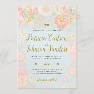 Gold Peach en Blush Spring Blooms Wedding Kaart