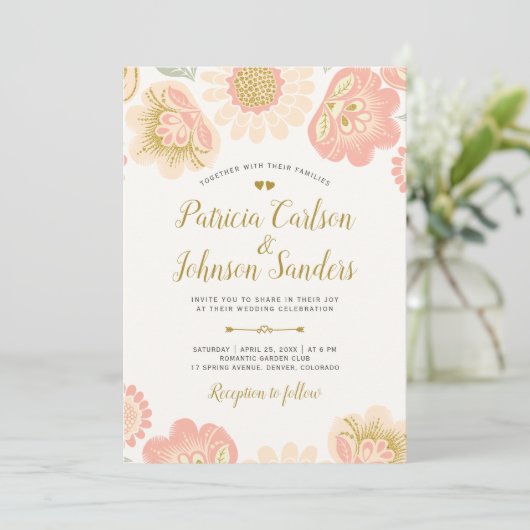 Gold Peach en Blush Spring Blooms Wedding Kaart (Staand voorkant)