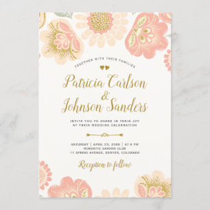Gold Peach en Blush Spring Blooms Wedding Kaart